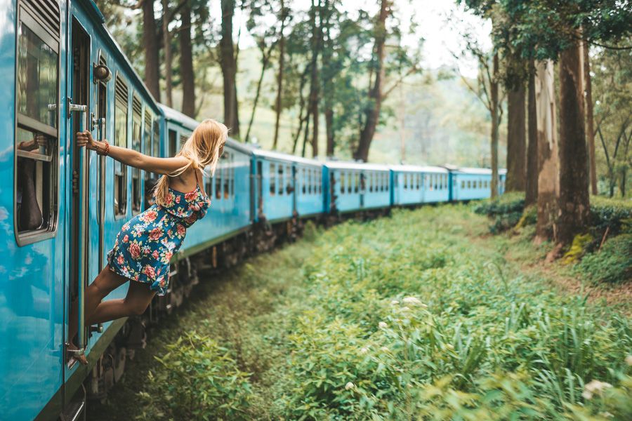 Foreign travel girl travelling on Sri Lankan train