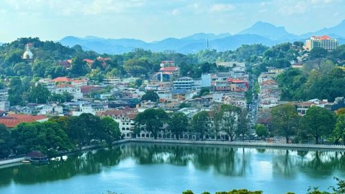 Panoramic view of Kandy Lake from Arthur's Seat viewpoint at sunset