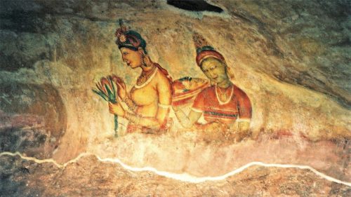 Ancient 5th-century Sigiriya Frescoes paintings of celestial maidens on the rock face
