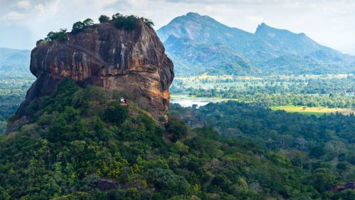 Aerial drone view of Sigiriya Lion Rock fortress and surrounding water gardens